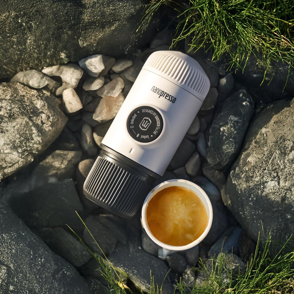 Nanopresso Portable Espresso Maker Bundled with Protective Case, Upgrade Version of Minipresso, Mini Travel Coffee Machine, Perfect for Camping, Travel and Office (New Elements Chill White)